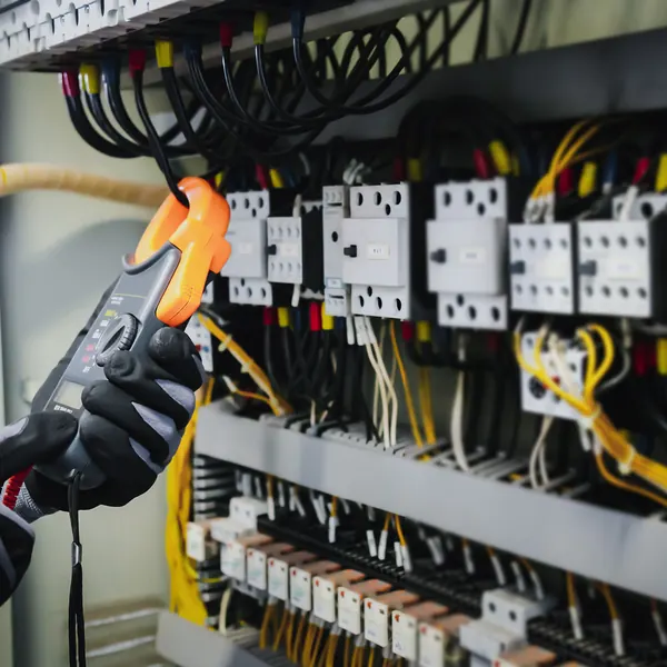 Electrical testing with a clamp meter, part of an EICR carried out by our electricians in Swansea