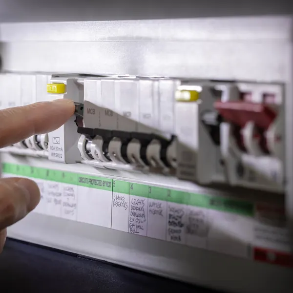 Electrician switching a circuit breaker on a newly fitted fuse board